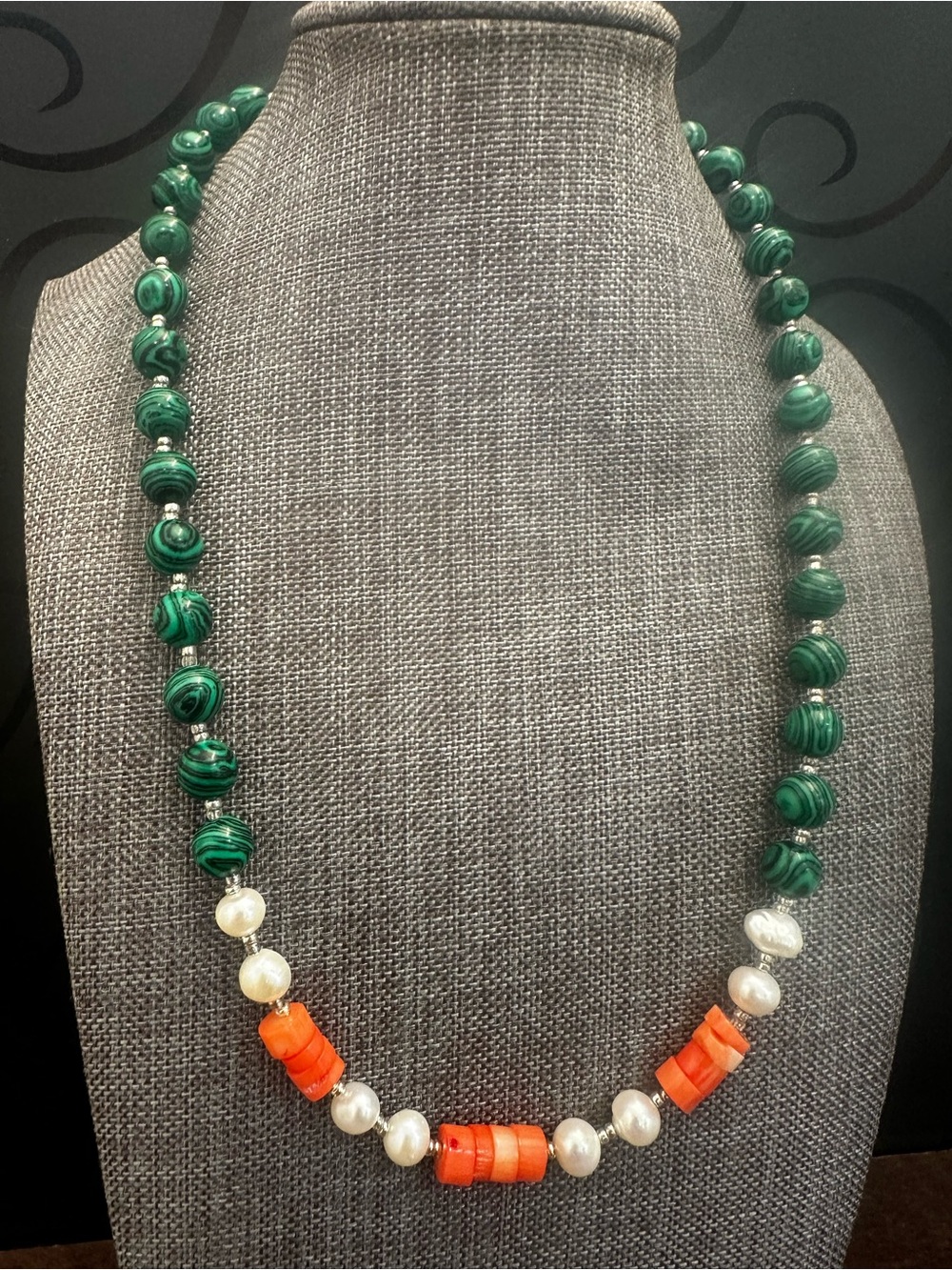 Green Malachite Bead Necklace with Orange Coral and Pearls
